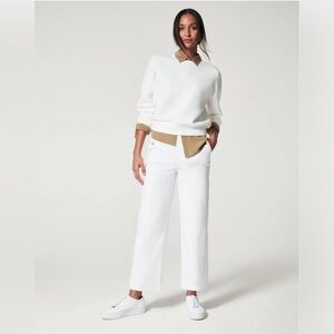 SPANX STRETCH COTTON TWILL CROPPED WIDE LEG PANTS SHAPING RESORT Bright White M